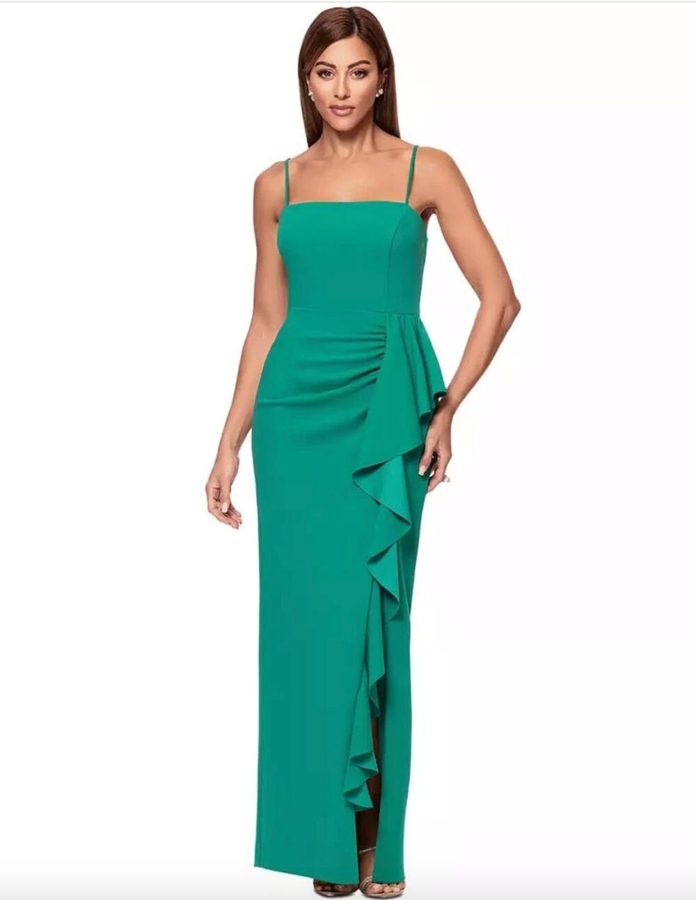 XSCAPE Ruffled Side Slit Scuba Crepe Gown Maxi Dress Green Formal US 8 NWT